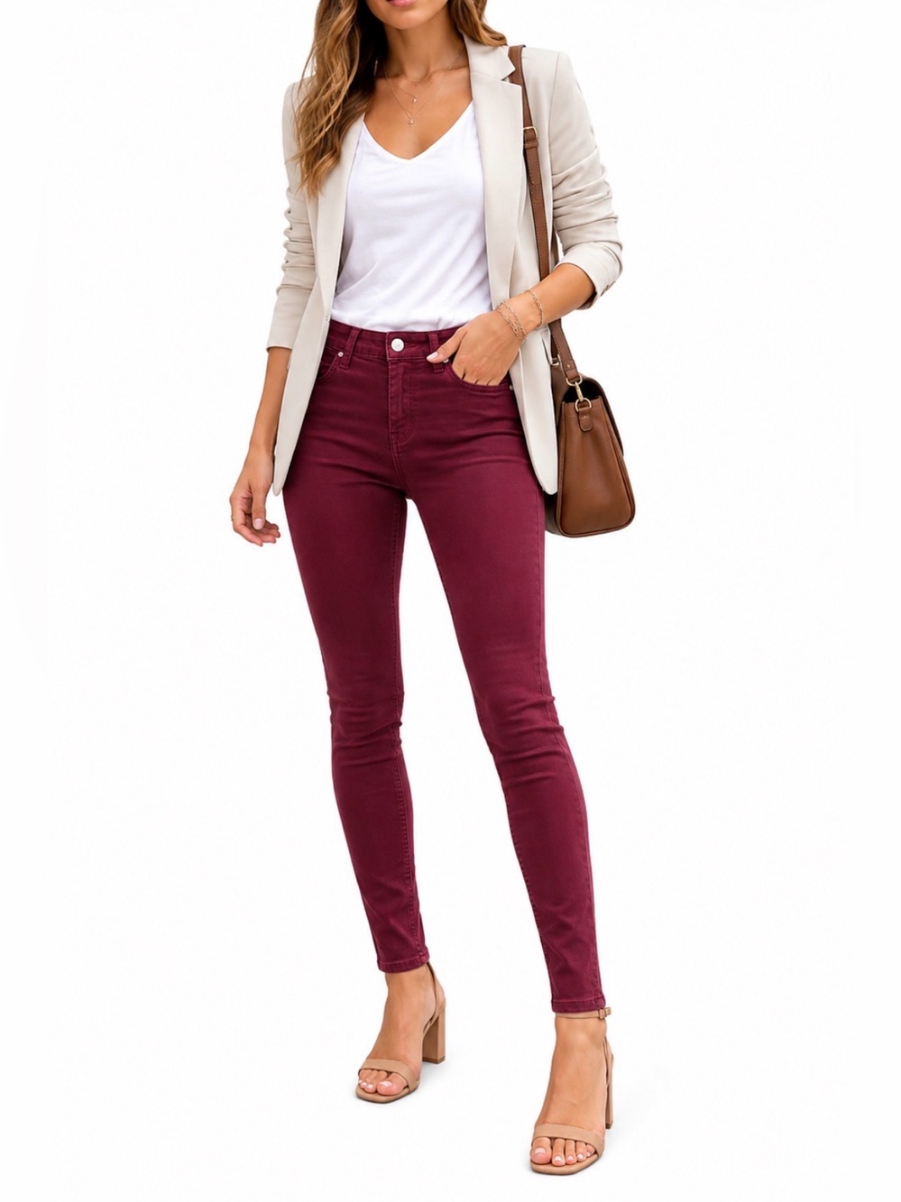 Zara Burgundy Skinny Jeans Stretch Mid Rise Wine Red Denim US 2